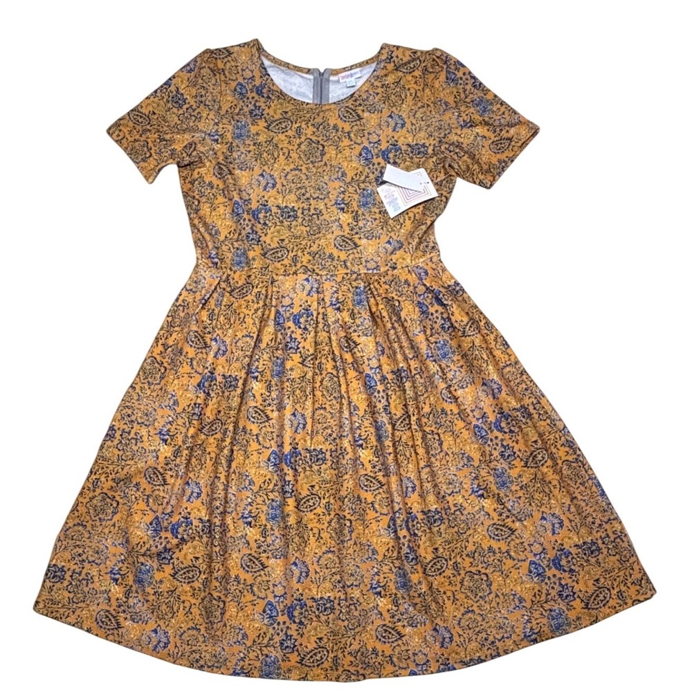 LuLaRoe Womens Amelia Dress 2XL Mustard Yellow Blue Paisley Floral Pockets NWT